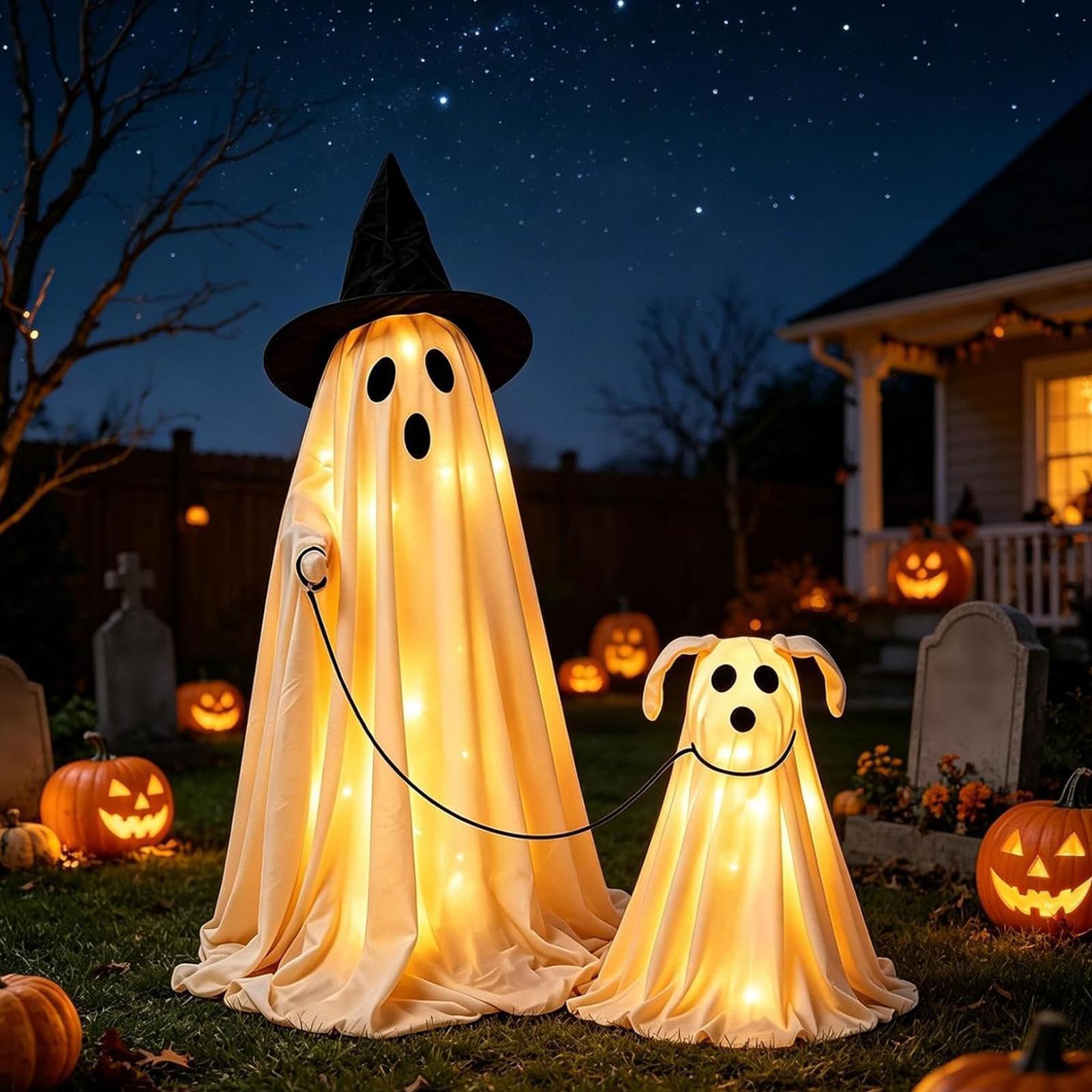 Outdoor Lighting Effects - LED Lighted Ghost Dog Set Warm
