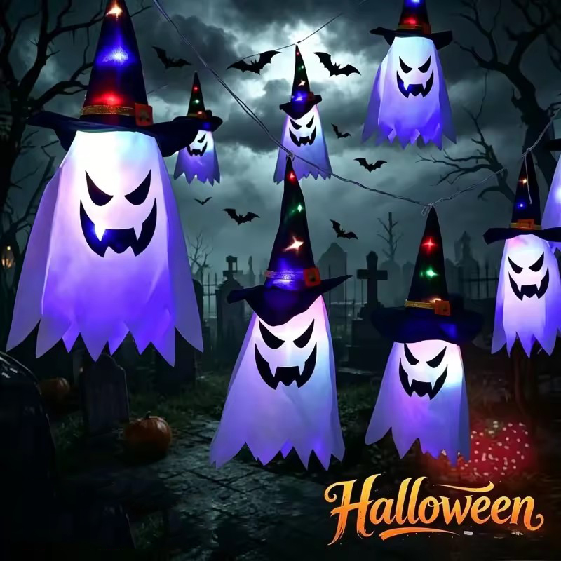 Outdoor Lighting Effects - Halloween Glowing Witch Hat Lanterns Hanging